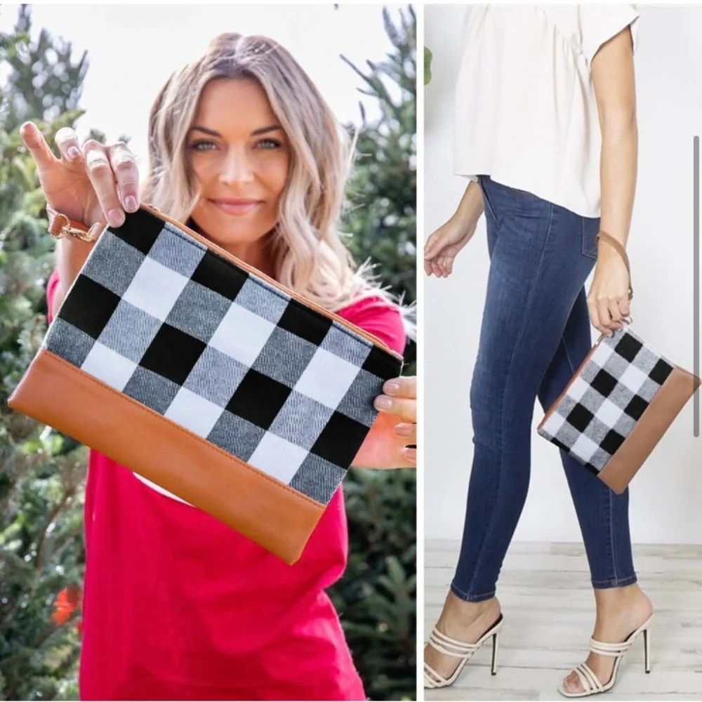 LAST ONE: Black white Buffalo plaid faux leather detail wristlet clutch - Picture 2 of 7